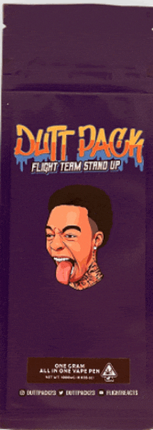 a purple bag that says ' dirty pack flight term stand up ' on the front