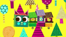 a colorful cartoon drawing of a cat and rabbit