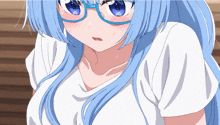 a girl with blue hair is wearing glasses and a white t-shirt
