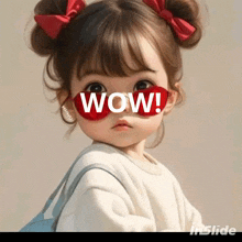 a little girl wearing red sunglasses has the word wow written on her face