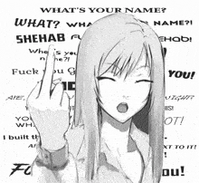 a black and white drawing of a girl giving the middle finger with the words what 's your name surrounding her