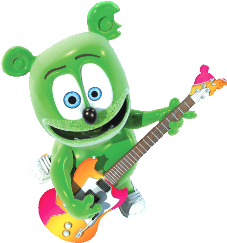 a green gummy bear is holding a guitar and smiling