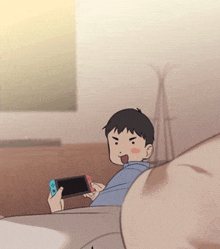 a cartoon boy is holding a nintendo switch in his hand