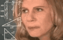 a woman is looking at a blackboard with mathematical equations .