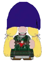 a cartoon character is wearing a purple hat and a green sweater .