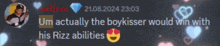 a screenshot of a facebook post that says um actually the boykisser would win with his rizz abilities