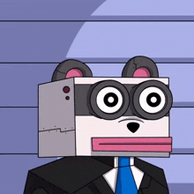 a cartoon character in a suit and tie has a box on his head