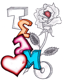 a drawing of a rose with the letter m in the middle