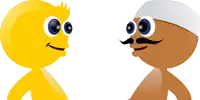 two cartoon characters are standing next to each other and one has a mustache