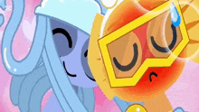 a cartoon character wearing goggles and a hat with the letter m on it