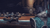 a video game scene with a statue of a man with horns and a blue armor