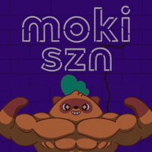 a cartoon character is flexing his muscles in front of a neon sign that says " moki szn "