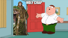 a cartoon of peter griffin standing in front of a door that says holy crap on it