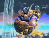 a video game character is flying through the air with a purple feathered head