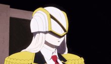 a cartoon character wearing a white helmet and a yellow jacket