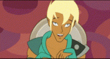 a cartoon character with blonde hair and blue eyes is smiling