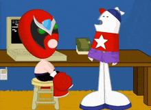 a cartoon of a man in a red mask sitting on a stool next to a computer