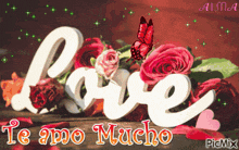 a picture of roses and the word love with a butterfly