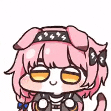 a cartoon drawing of a girl with pink hair and a headband .