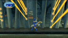 a cartoon character is standing in front of a fence with a bunch of lights coming out of it