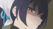 a close up of a girl with long black hair and red eyes