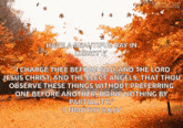 an autumn scene with a quote from 1 timothy 5kjv