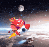 a cartoon devil is flying on a rocket with the letter g on its head