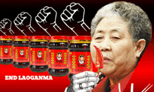 a woman is holding a jar of lao ganma sauce in her hand