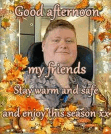 a man in a wheelchair is sitting in front of a picture of autumn leaves and a quote .