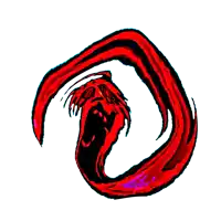 a cartoon drawing of a red worm with a purple tail on a white background