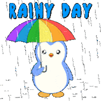 a penguin holding a rainbow colored umbrella in the rain