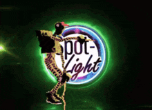 a person is dancing in front of a pot light sign
