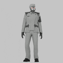 a 3d model of a futuristic soldier saluting with red eyes
