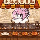 a cartoon girl with pink hair is standing in front of a bakery counter .