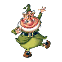 a cartoon gnome with a beard and hat is waving his hand .