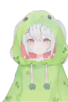 a girl with white hair is wearing a green frog hooded jacket