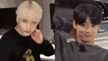 two young men are standing next to each other and one has blonde hair and the other has black hair