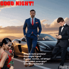 a man in a suit is standing next to a car and a woman