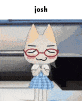 a cartoon cat wearing glasses and a blue plaid skirt is standing in front of a car .
