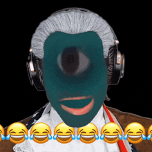 a man wearing headphones and a blue mask with tears coming out of his eyes is surrounded by laughing emojis