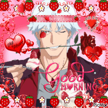 a picture of a man with a rose in his mouth and the words good morning