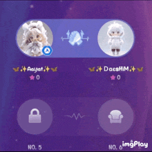a screenshot of a video game with two dolls named aayat and daeshimu