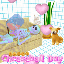 a skeleton is laying on a couch with the words happy cheeseball day