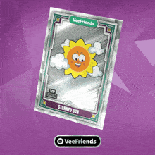 a veefriends card shows a smiling sun on a purple background