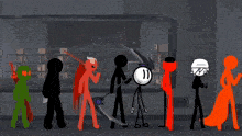 a group of stick figures are standing next to each other and one of them has a sword in his hand