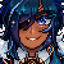 a pixel art drawing of a person with blue hair and a unicorn horn .