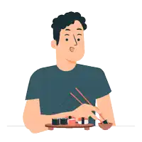 a cartoon of a man eating sushi with chopsticks and a sign that says sushi on it
