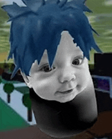 a baby with blue hair is wearing a black hat .