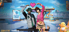 a man and a woman are posing for a photo in front of a sign that says 1560
