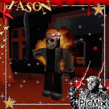 a cartoon of jason voorhees holding a knife